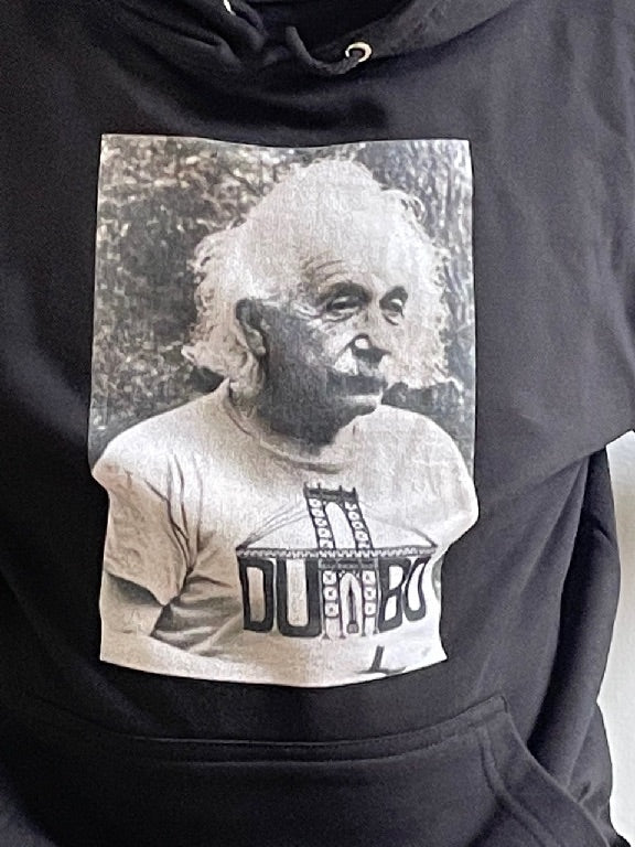 Black hooded sweatshirt Einstein close up