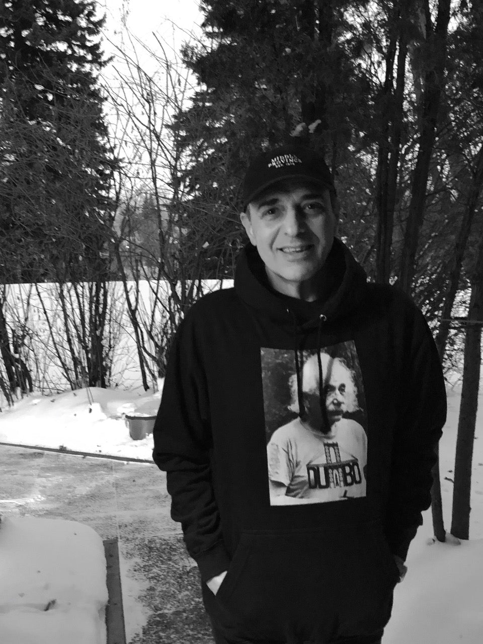 Black hooded sweatshirt Einstein DUMBO view